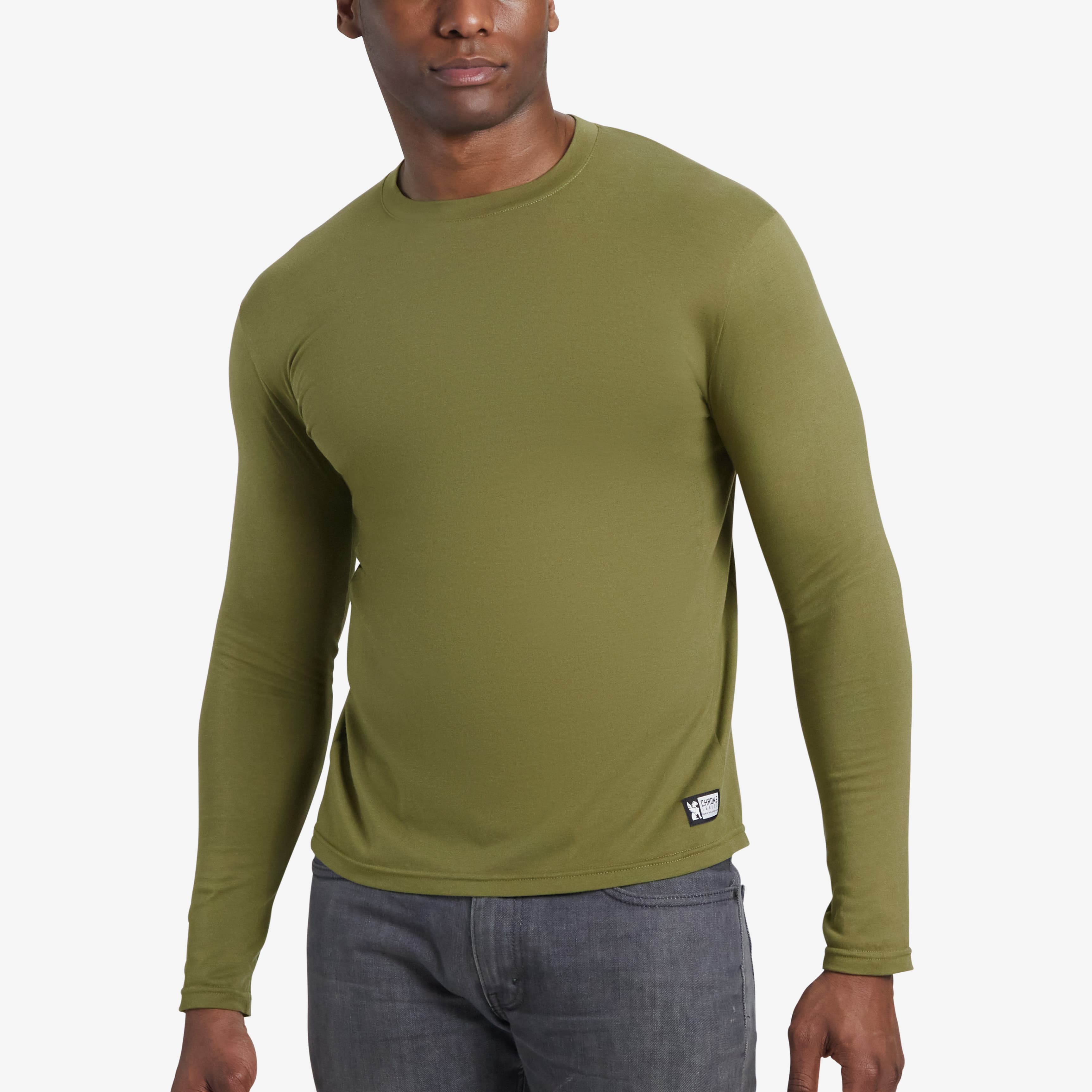 Men's Chrome basics long sleeve T-shirt in green worn by a man #color_olive branch