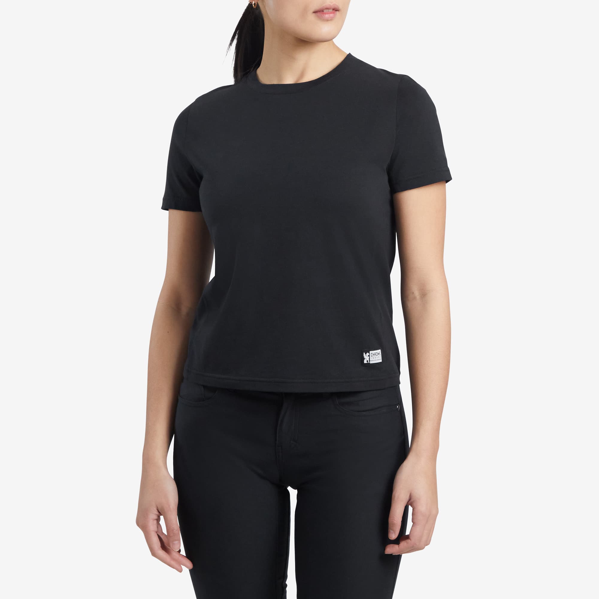 Women's Chrome basic T-Shirt black short sleeve worn by a woman #color_black