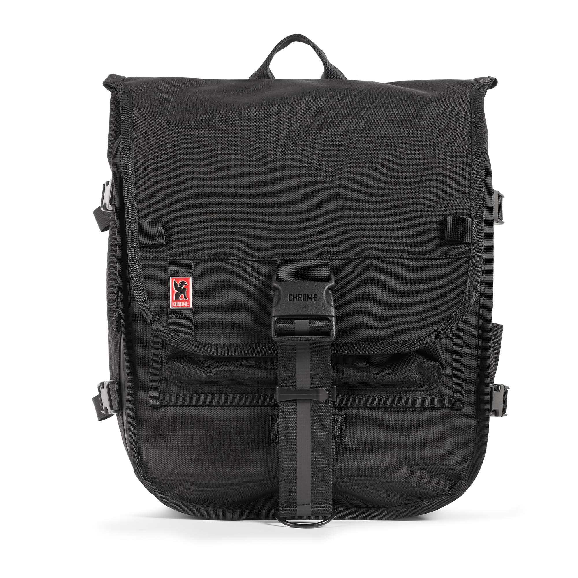 Warsaw medium size flap backpack in black full on front view