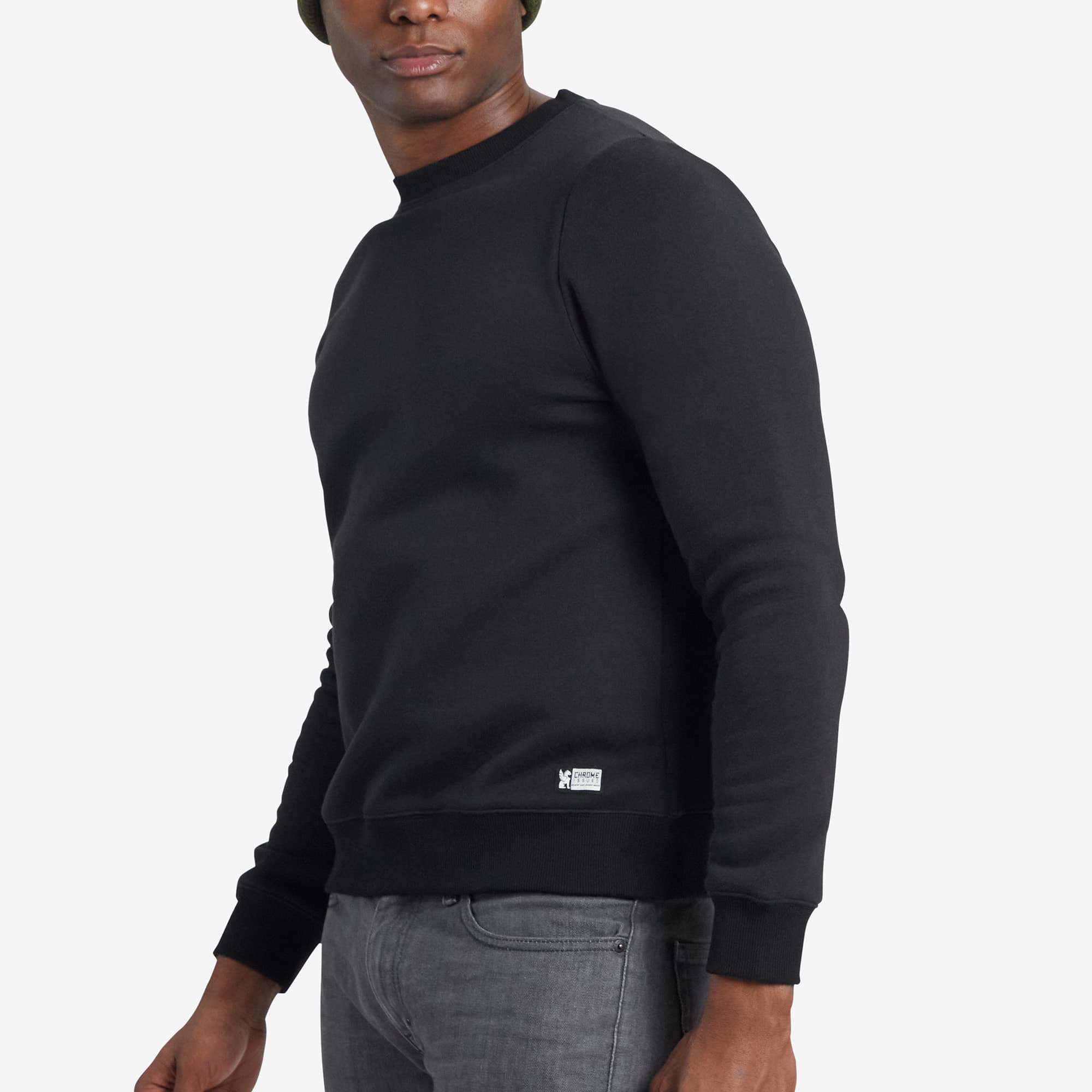Front view fleece Crewneck Sweatshirt on a man #color_black