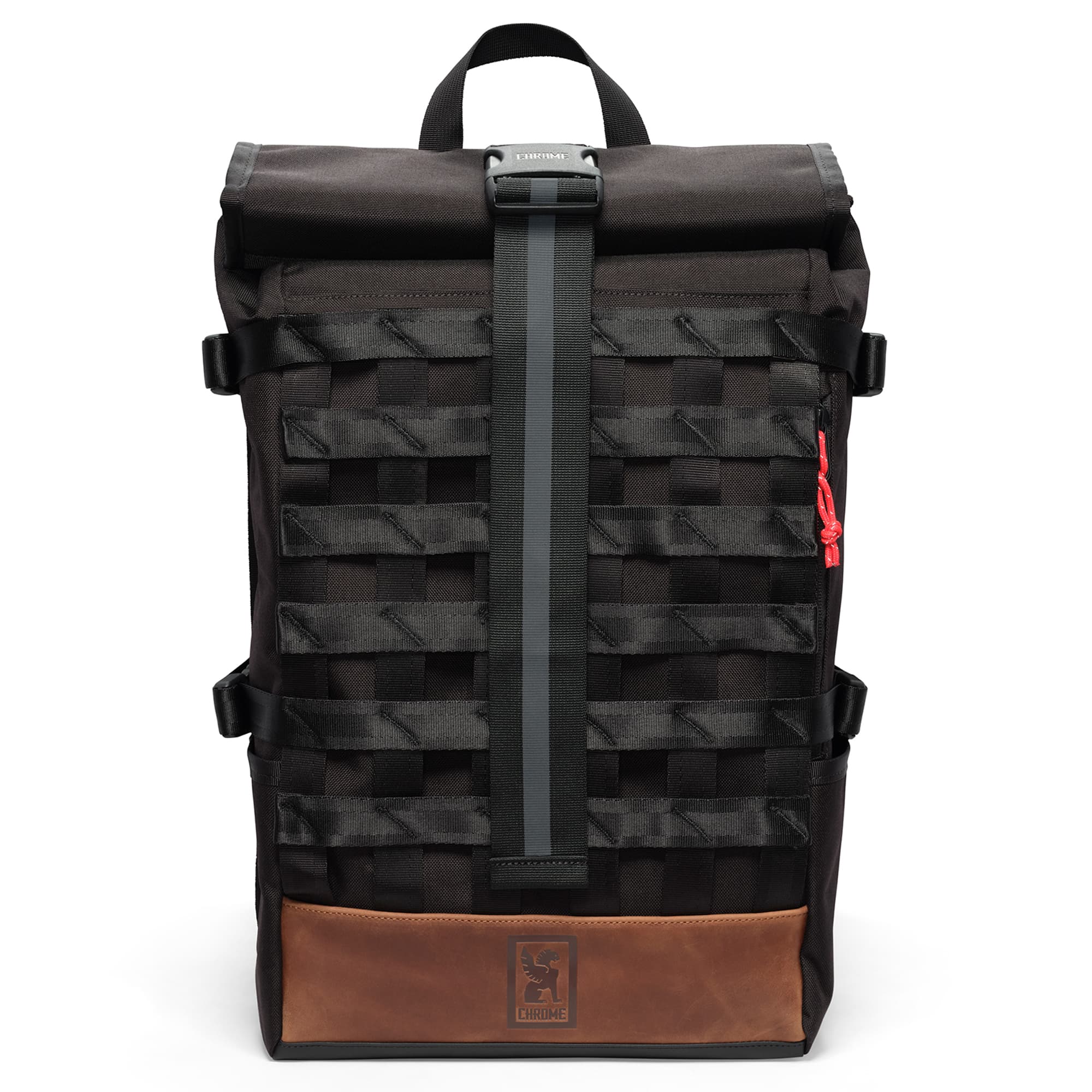 Leather black Barrage Cargo Backpack front detail #color_leather/black