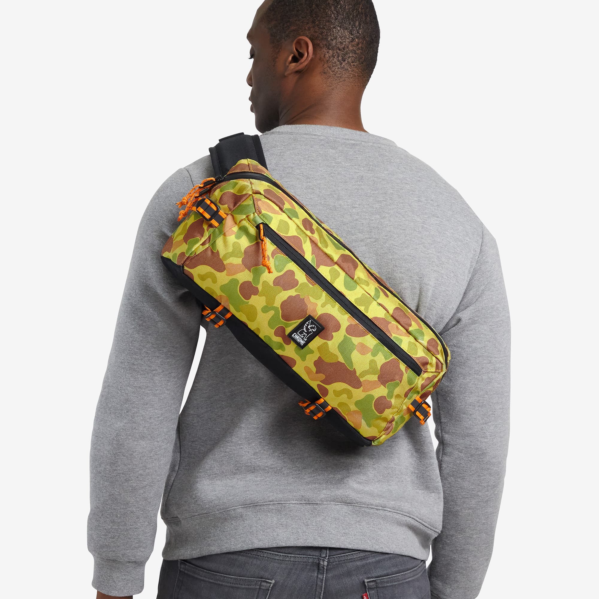 9L Kadet Sling in duck camo worn by a man #color_duck camo