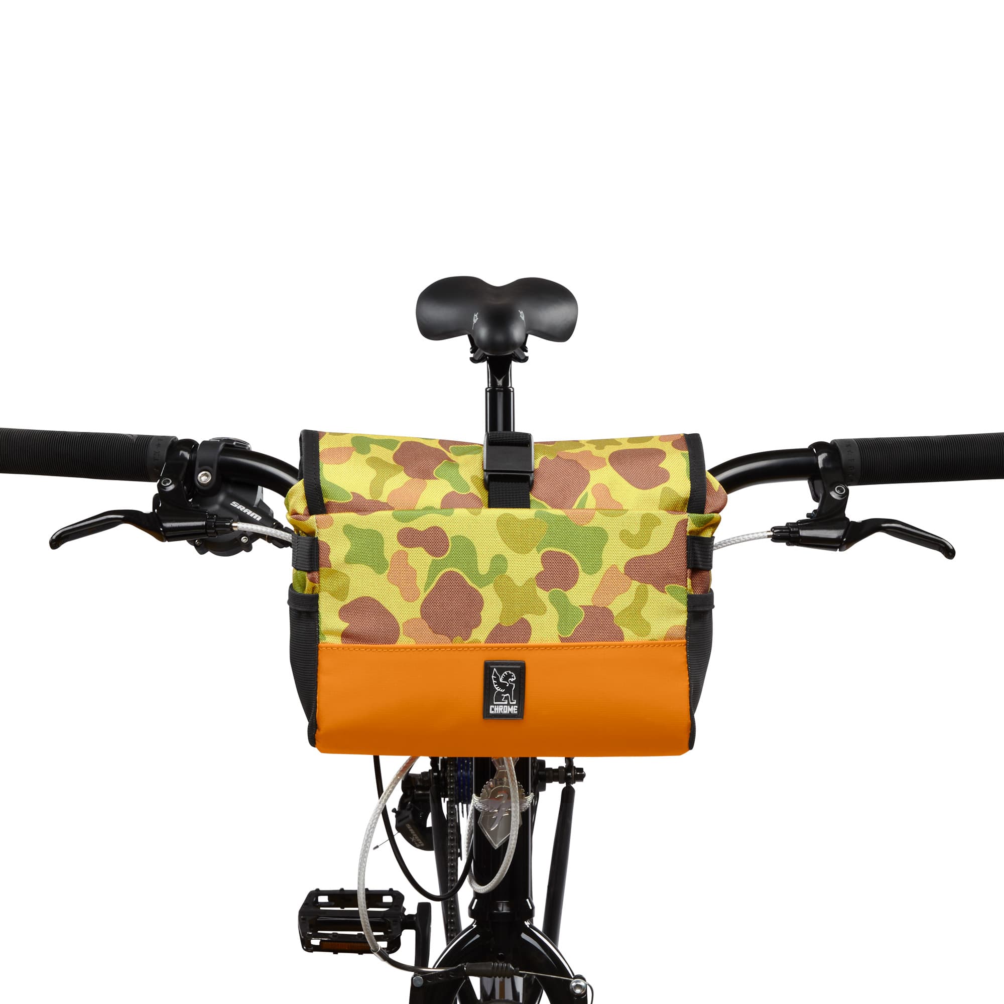 5L Doubletrack Handlebar Sling in duck camo on a bike #color_duck camo