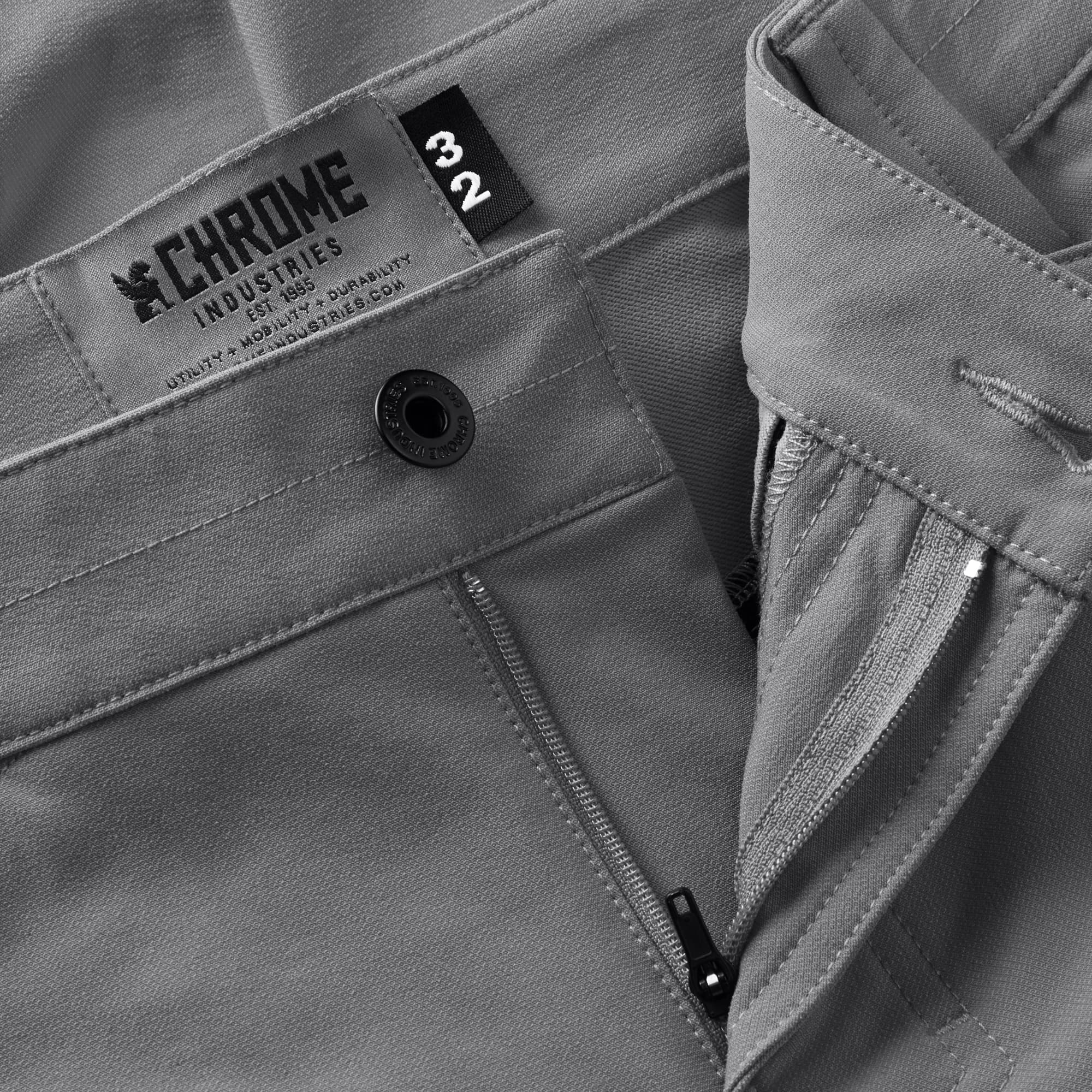 Men's Union Short 14" inseam in grey button & zipper detail #color_castle rock