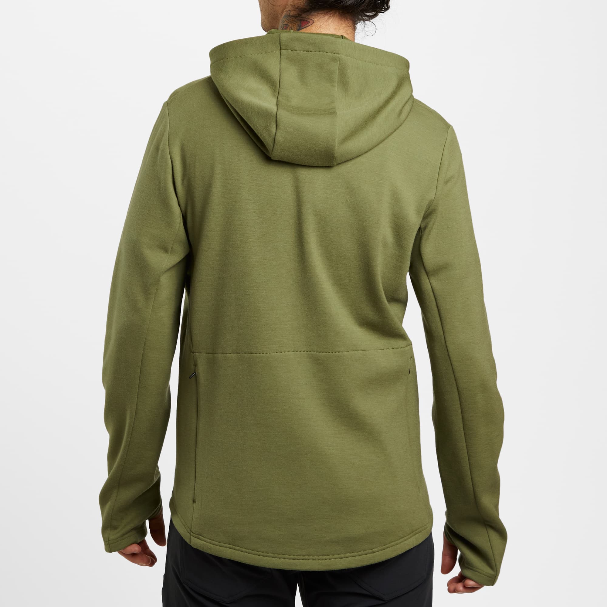 Men's merino blend hoodie in green worn by a man back view #color_olive branch