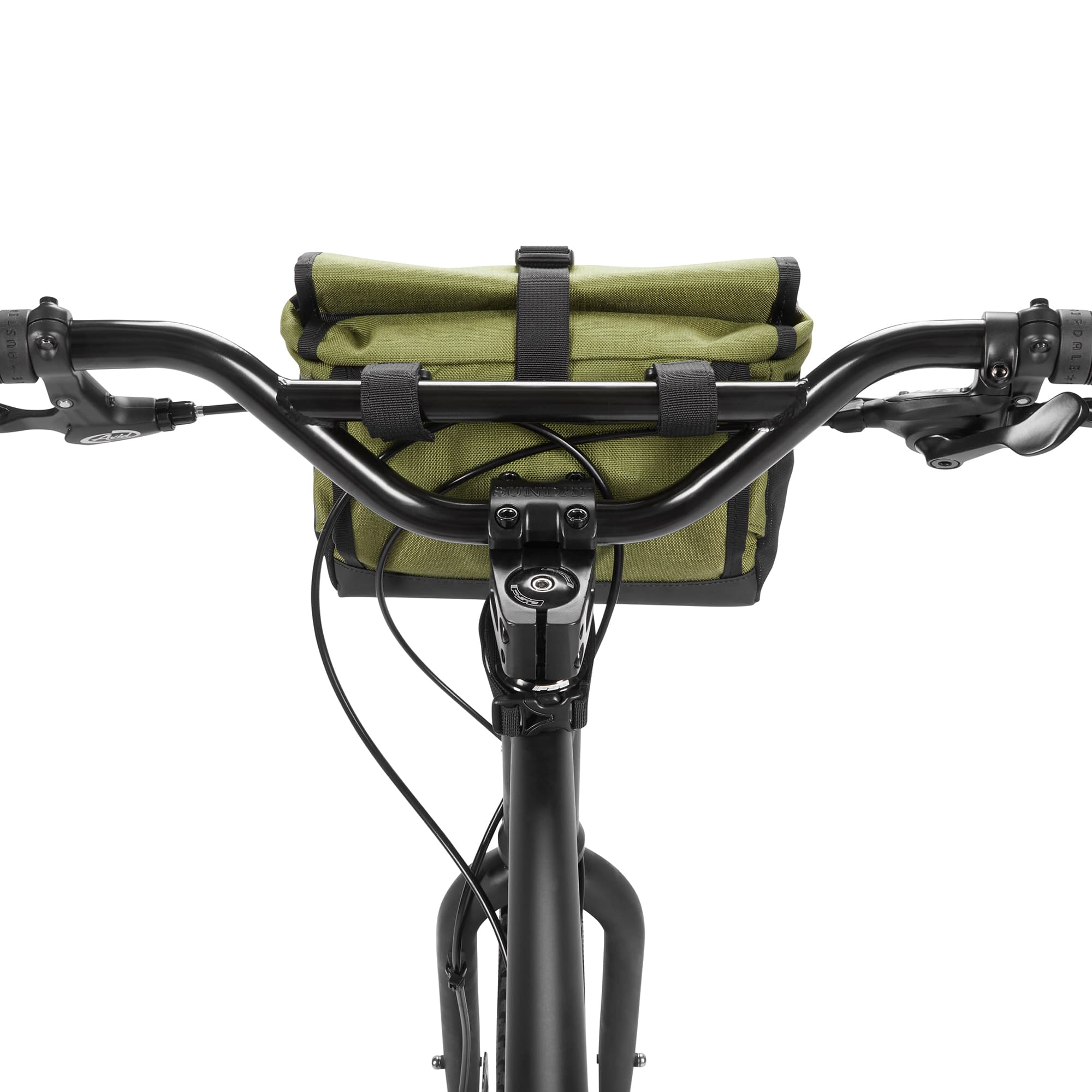 5L Doubletrack Handlebar Sling in green on a bike rider view #color_olive branch