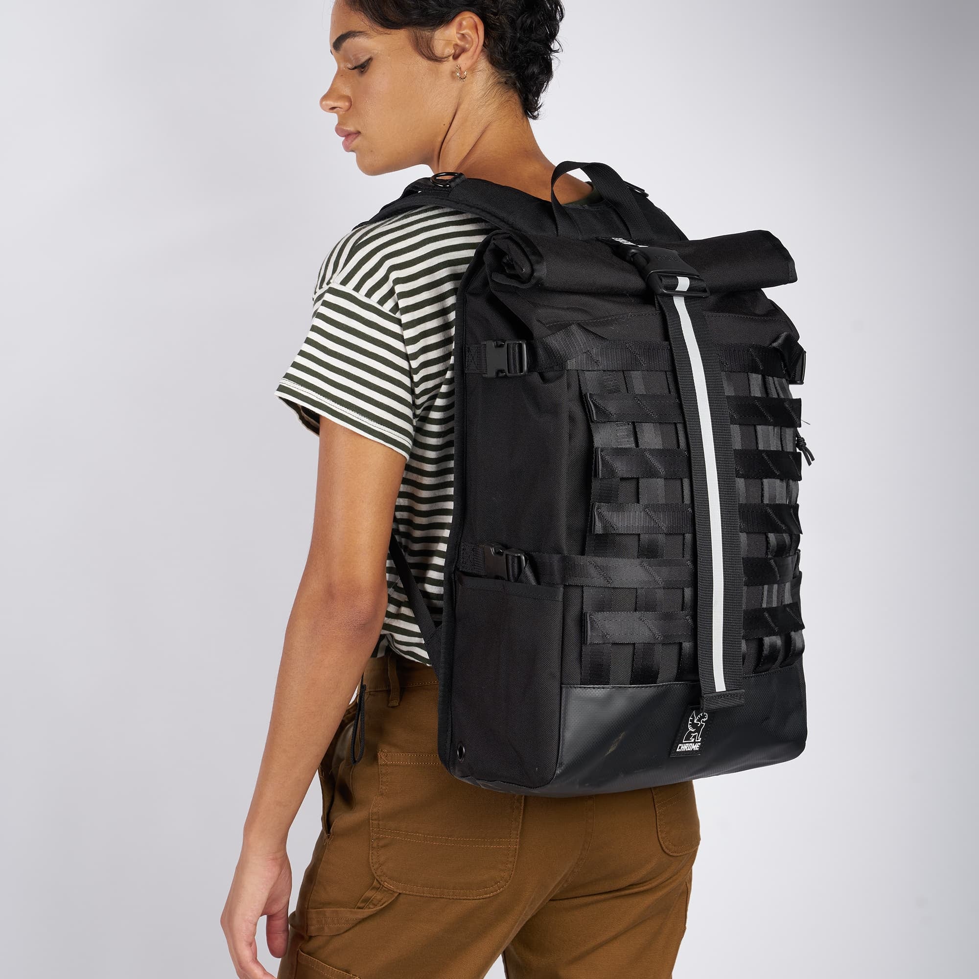 Black Barrage Cargo Backpack back fit on a woman