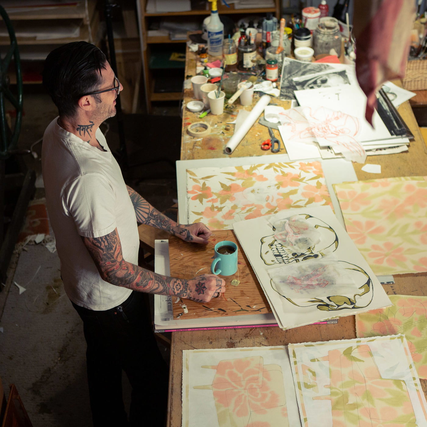 Cheyenne Sawyer in his studio working on the Chrome Industries collab